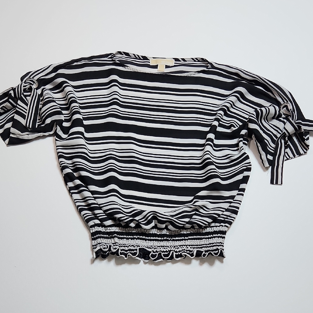 Michael Michael Kors Black White Striped Smocked Hem Tie Sleeve Blouse Women’s L
